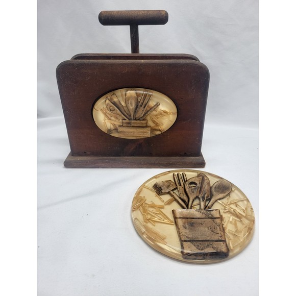Vintage Wooden Napkin holder and matching Lucite trivet - Picture 1 of 9